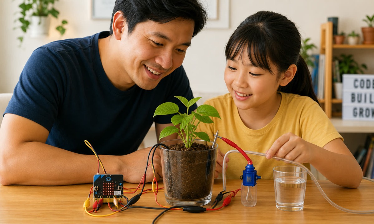 A self-watering plant monitor — soil sensor, pump, and code that decides when to run.